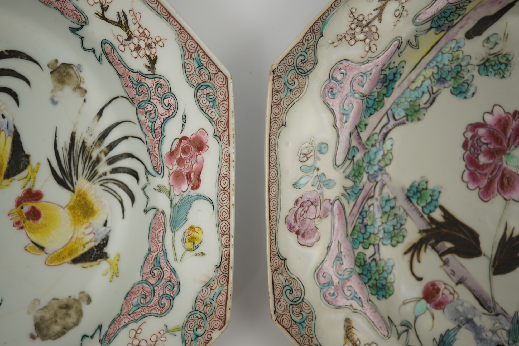 A pair of Chinese famille rose ‘cockerel’ octagonal plates, Yongzheng period